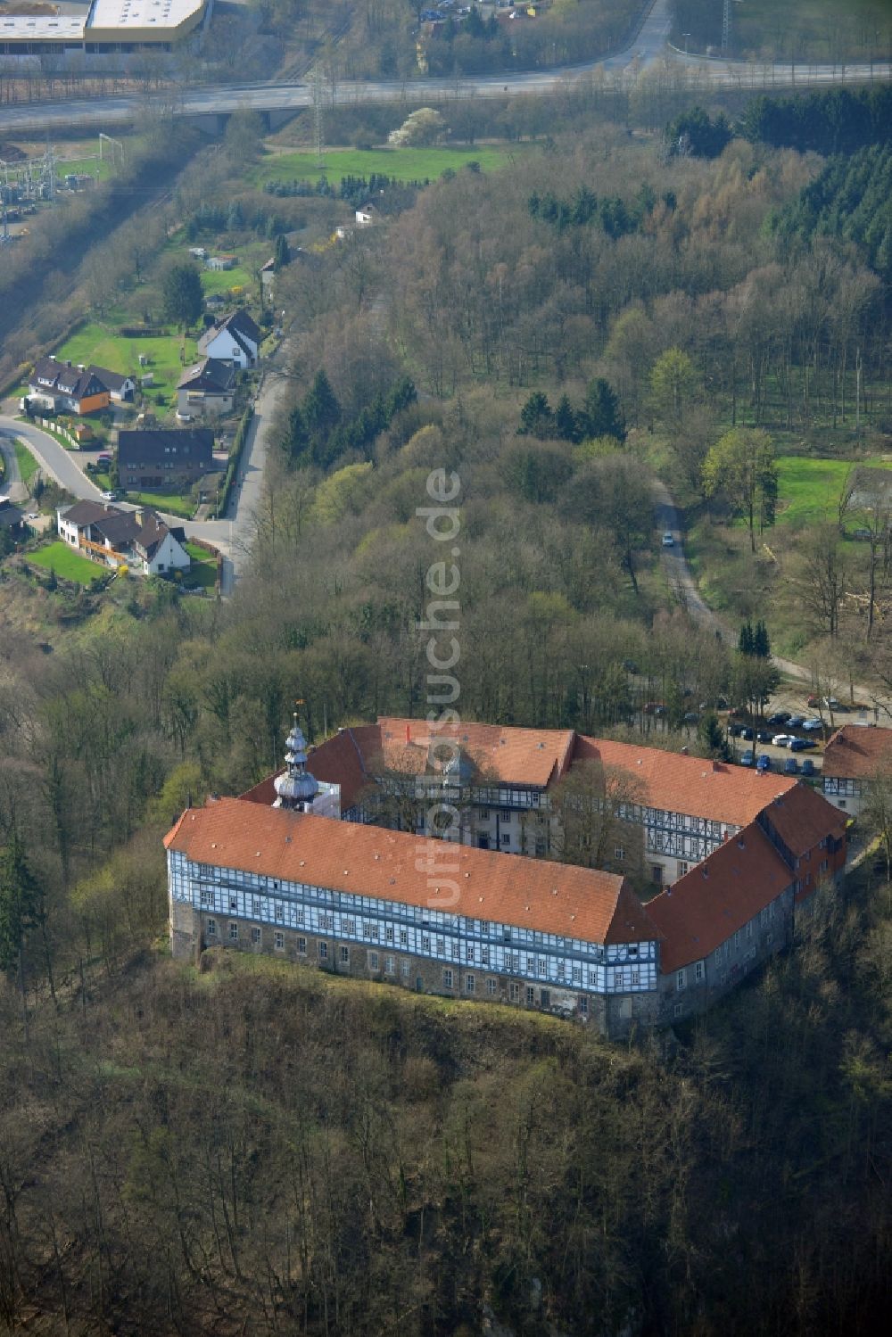 Luftaufnahme Herzberg am Harz - Vierflügelanlage des Schloss Herzberg in Herzberg am Harz im Bundesland Sachsen-Anhalt