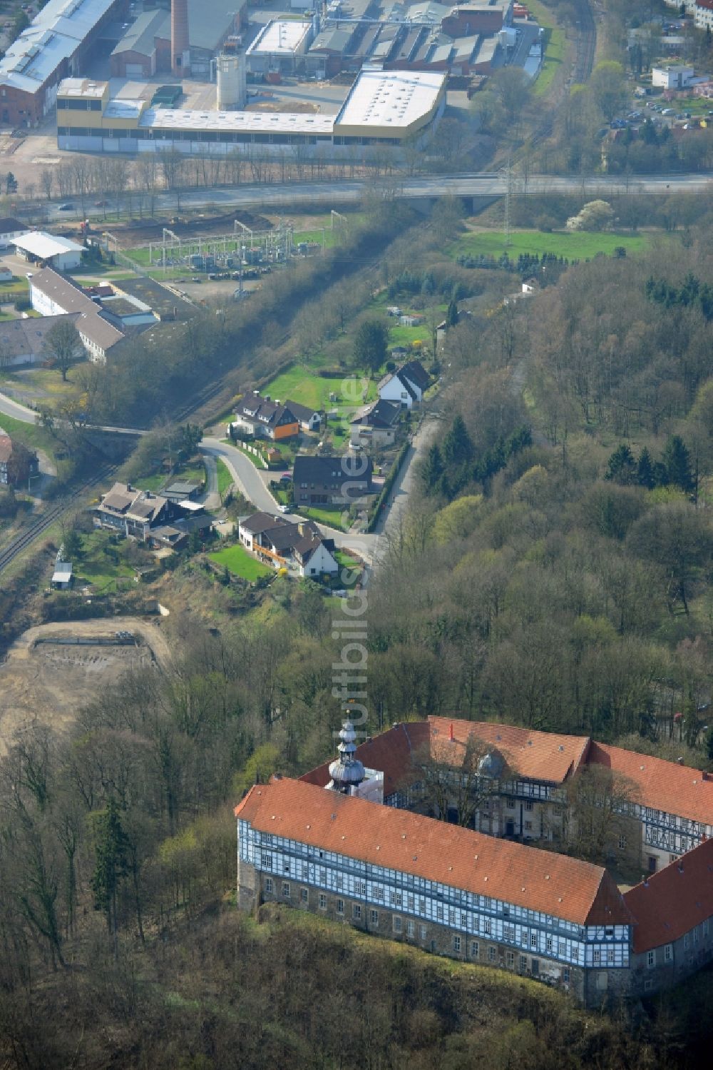 Herzberg am Harz von oben - Vierflügelanlage des Schloss Herzberg in Herzberg am Harz im Bundesland Sachsen-Anhalt