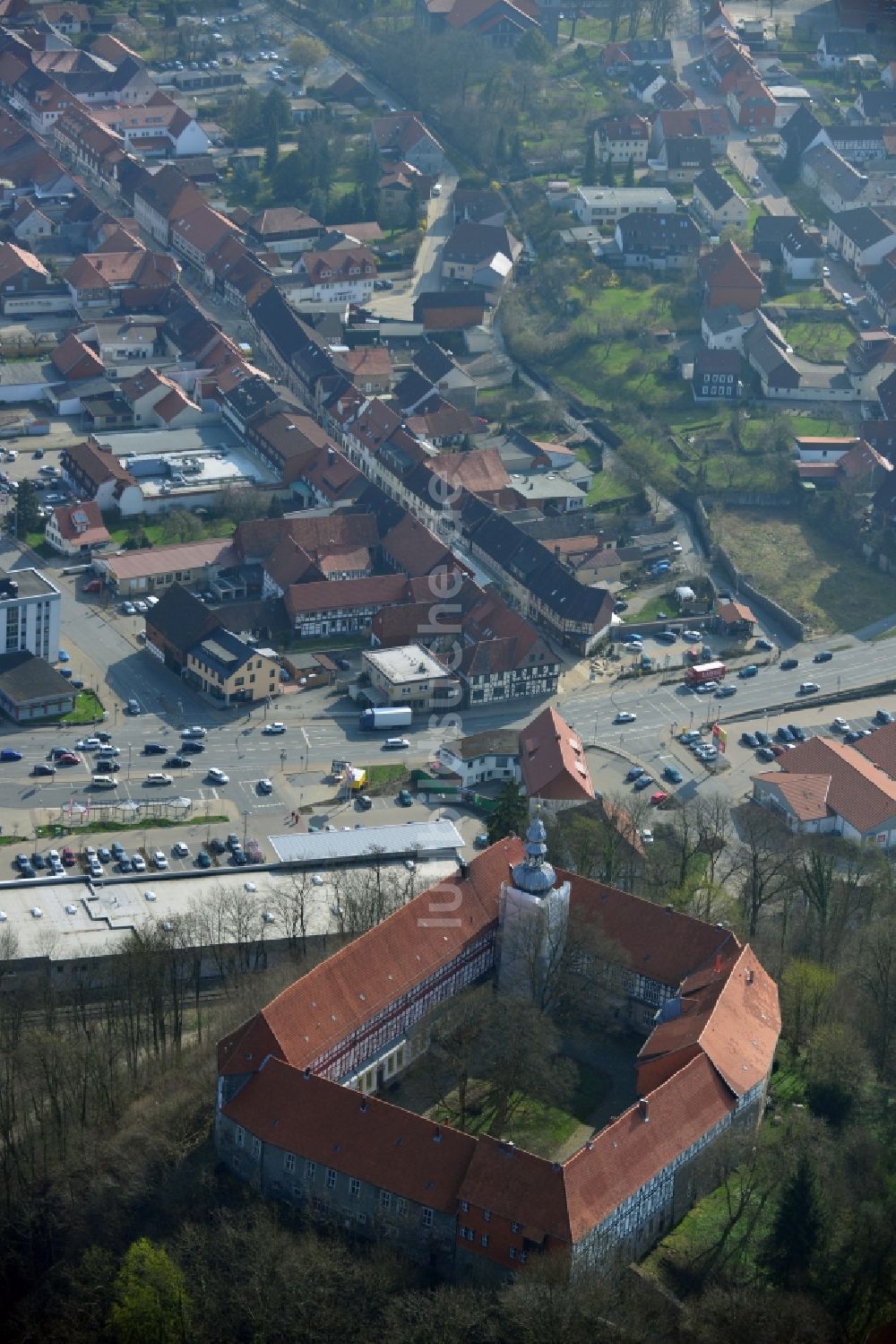 Luftaufnahme Herzberg am Harz - Vierflügelanlage des Schloss Herzberg in Herzberg am Harz im Bundesland Sachsen-Anhalt