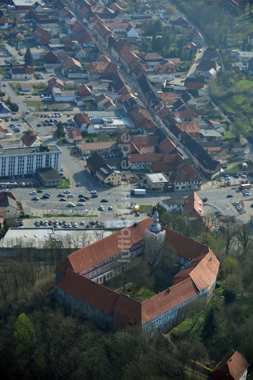 Herzberg am Harz von oben - Vierflügelanlage des Schloss Herzberg in Herzberg am Harz im Bundesland Sachsen-Anhalt