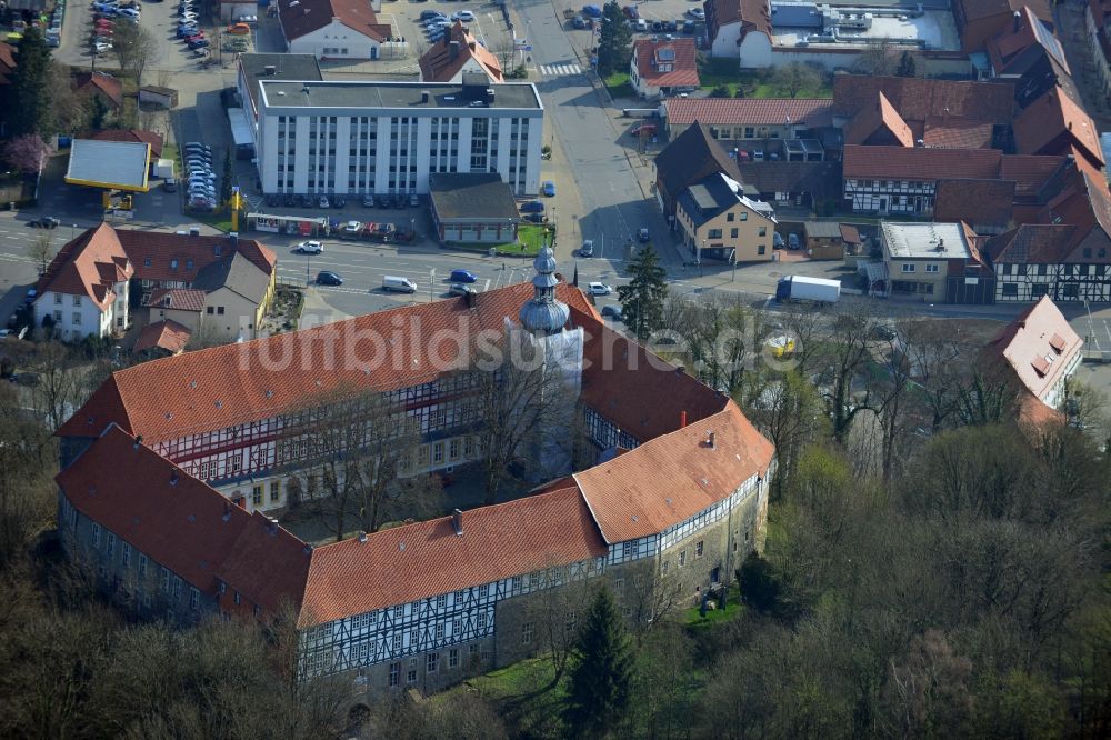 Luftaufnahme Herzberg am Harz - Vierflügelanlage des Schloss Herzberg in Herzberg am Harz im Bundesland Sachsen-Anhalt