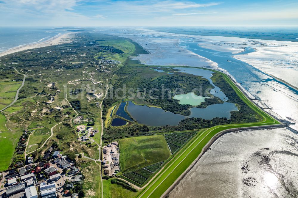 Norderney von oben - Vogelschutzgebiet mit Seen und Teichen Südstrandpolder auf der Insel Norderney im Bundesland Niedersachsen, Deutschland