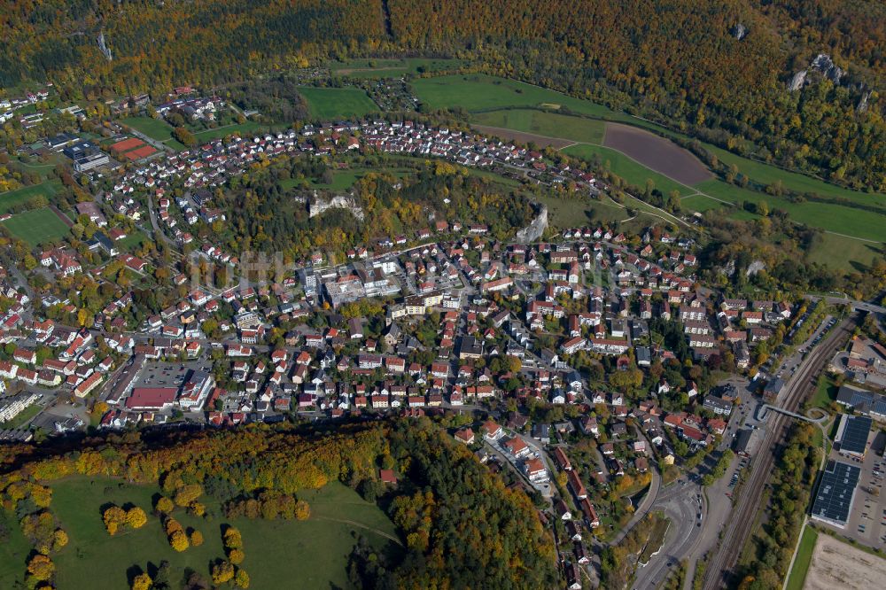 Blaubeuren aus der Vogelperspektive: Von Wald umgebene Ortsansicht in Blaubeuren im Bundesland Baden-Württemberg, Deutschland