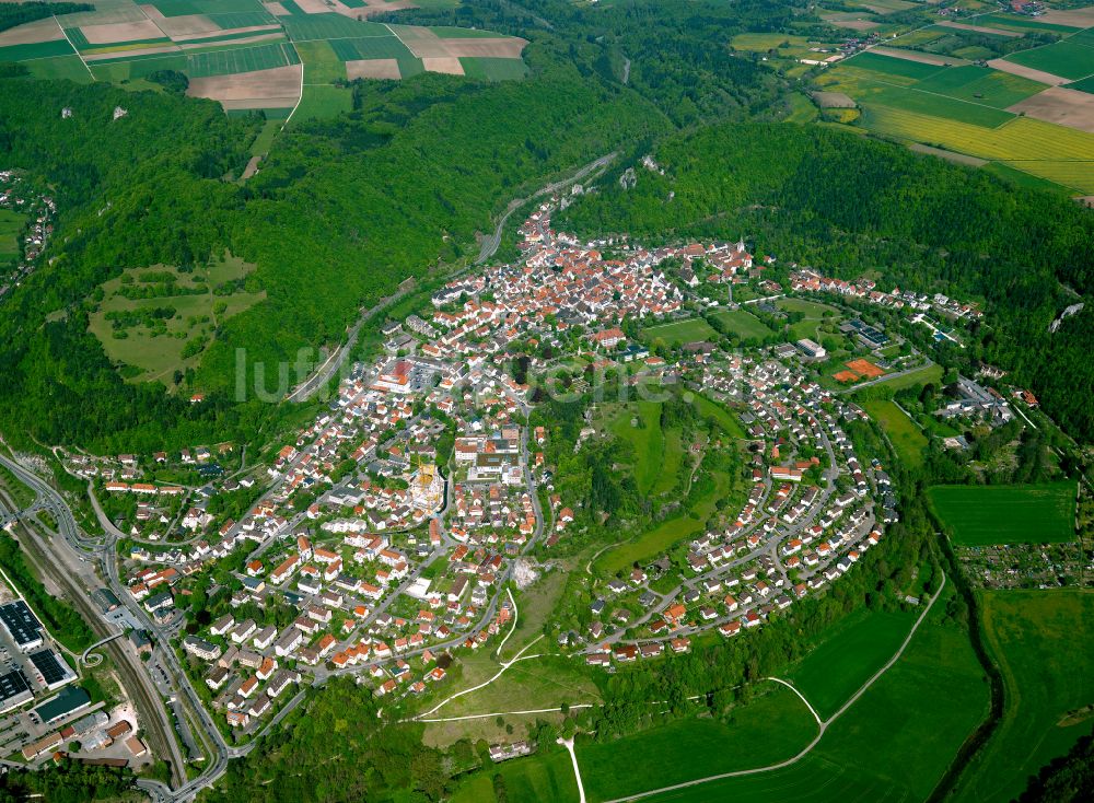 Blaubeuren von oben - Von Wald umgebene Ortsansicht in Blaubeuren im Bundesland Baden-Württemberg, Deutschland