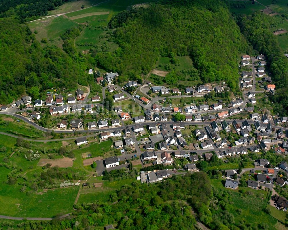 Donsbach aus der Vogelperspektive: Von Wald umgebene Ortsansicht in Donsbach im Bundesland Hessen, Deutschland