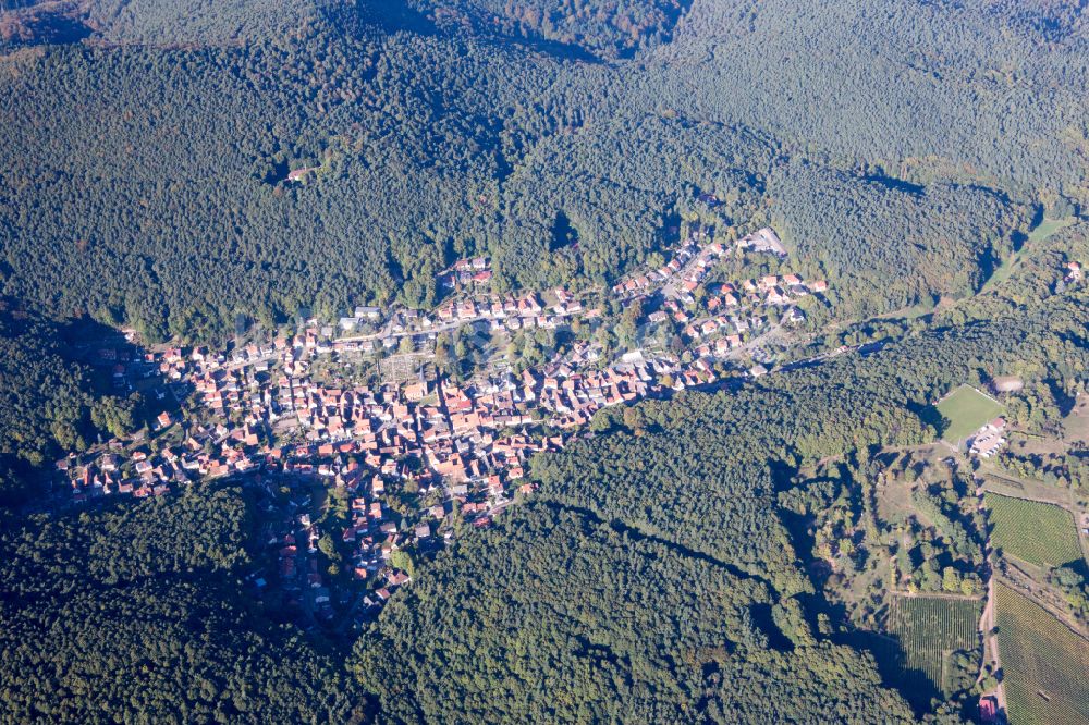 Dörrenbach aus der Vogelperspektive: Von Wald umgebene Ortsansicht in Dörrenbach im Bundesland Rheinland-Pfalz, Deutschland