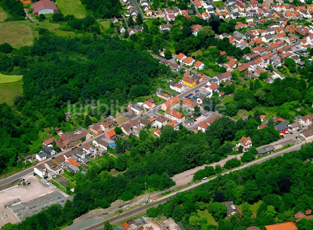 Eisenberg (Pfalz) aus der Vogelperspektive: Von Wald umgebene Ortsansicht in Eisenberg (Pfalz) im Bundesland Rheinland-Pfalz, Deutschland