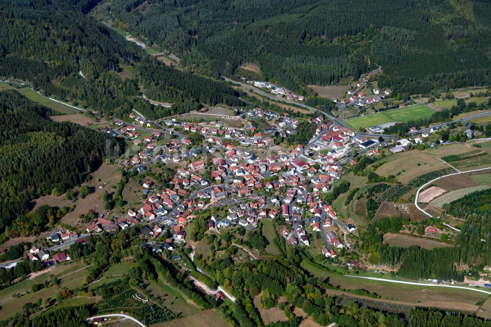 Fellen aus der Vogelperspektive: Von Wald umgebene Ortsansicht in Fellen im Bundesland Bayern, Deutschland