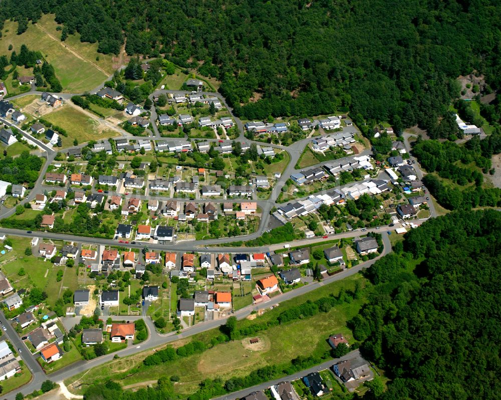 Fleisbach aus der Vogelperspektive: Von Wald umgebene Ortsansicht in Fleisbach im Bundesland Hessen, Deutschland