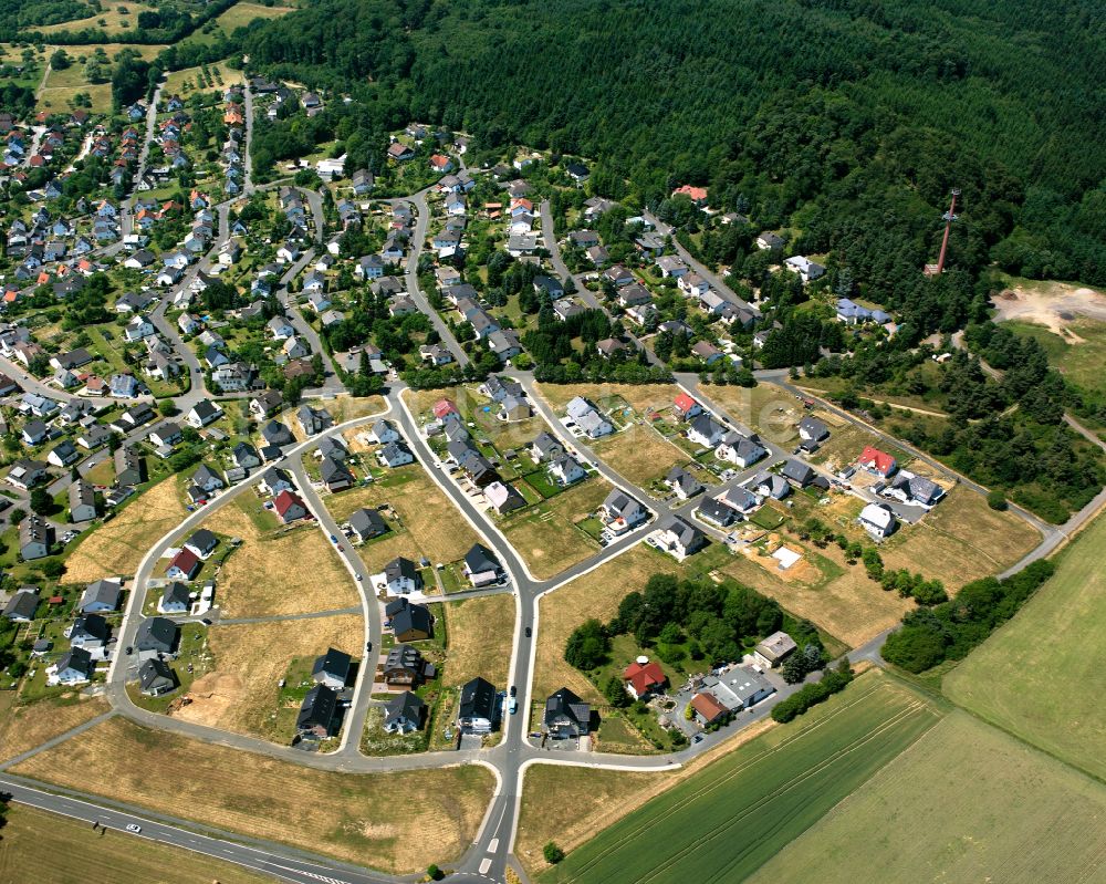 Fleisbach aus der Vogelperspektive: Von Wald umgebene Ortsansicht in Fleisbach im Bundesland Hessen, Deutschland