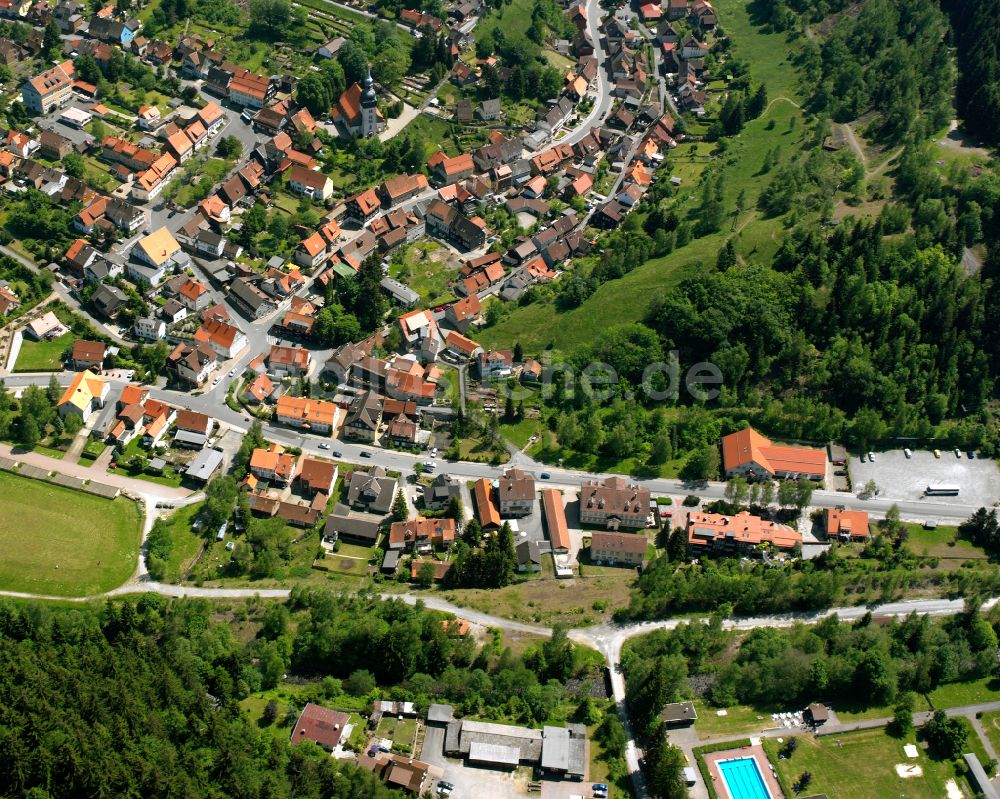 Lautenthal aus der Vogelperspektive: Von Wald umgebene Ortsansicht in Lautenthal im Bundesland Niedersachsen, Deutschland