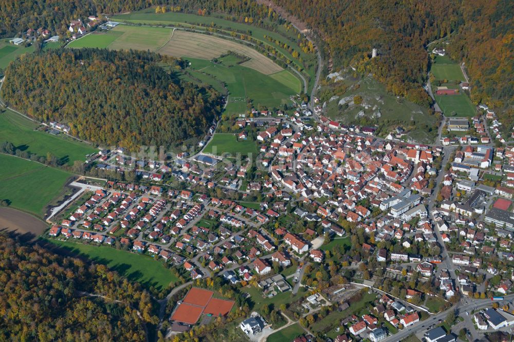 Schelklingen aus der Vogelperspektive: Von Wald umgebene Ortsansicht in Schelklingen im Bundesland Baden-Württemberg, Deutschland