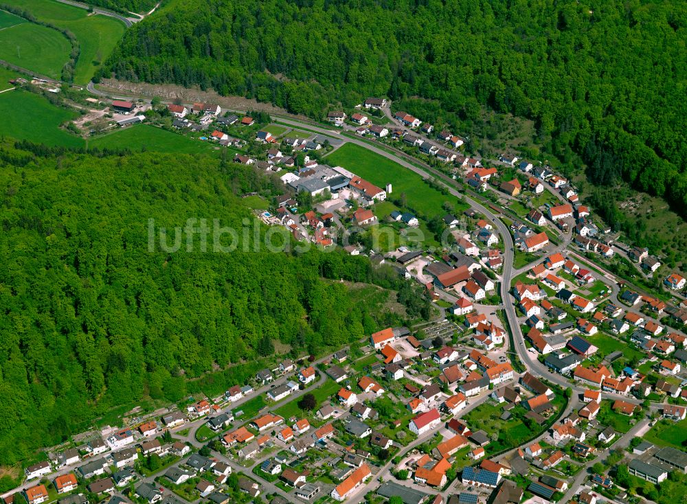 Schmiechen aus der Vogelperspektive: Von Wald umgebene Ortsansicht in Schmiechen im Bundesland Baden-Württemberg, Deutschland