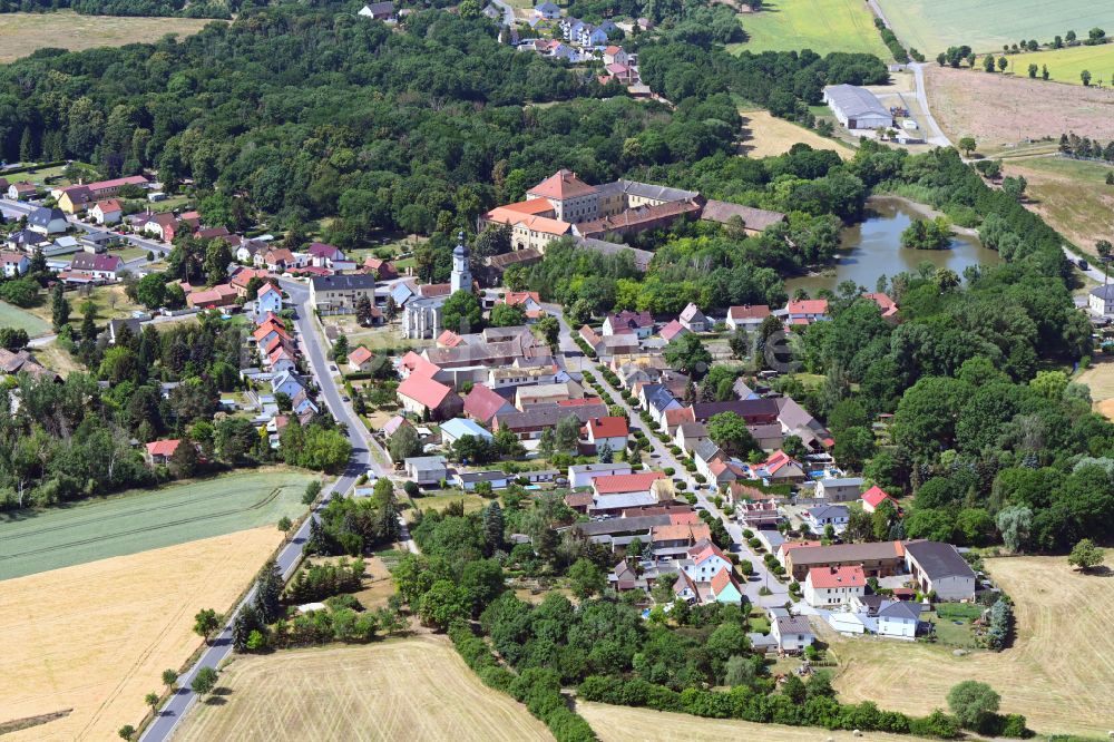 Wölkau aus der Vogelperspektive: Von Wald umgebene Ortsansicht in Wölkau im Bundesland Sachsen, Deutschland