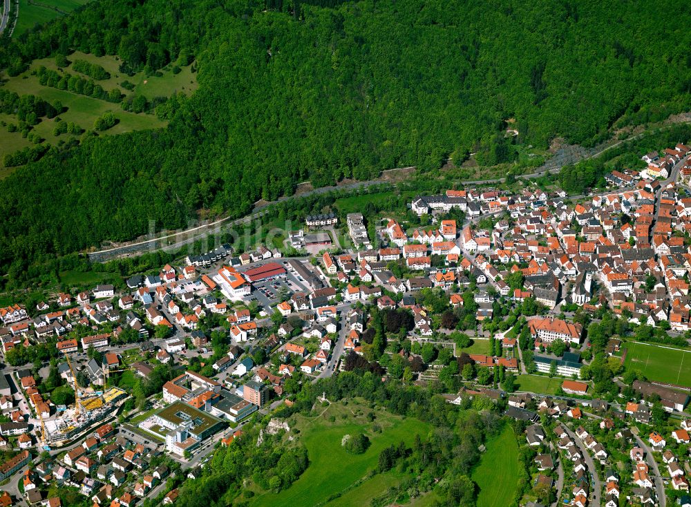 Blaubeuren von oben - Von Waldflächen umsäumtes Stadtgebiet in Blaubeuren im Bundesland Baden-Württemberg, Deutschland