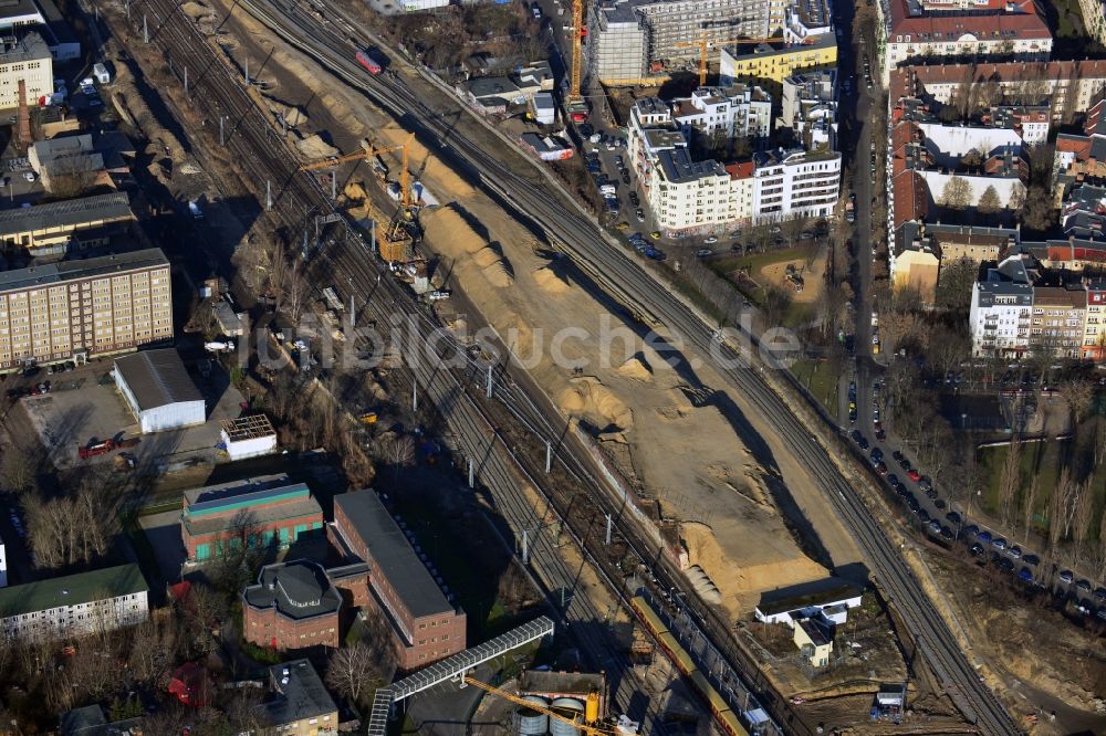 Berlin von oben - Vorbereitungsbauten für Südkurve am S-Bahnhof Ostkreuz in Berlin-Friedrichshain