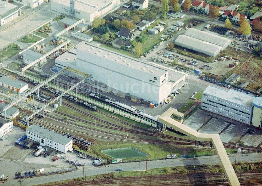 Ammendorf bei Halle von oben - Waggonwerk Ammendorf der BOMBARDIER TRANSPORTATION / DWA GmbH in Ammendorf (südlich von Halle / Saale - Sachsen - Anhalt)