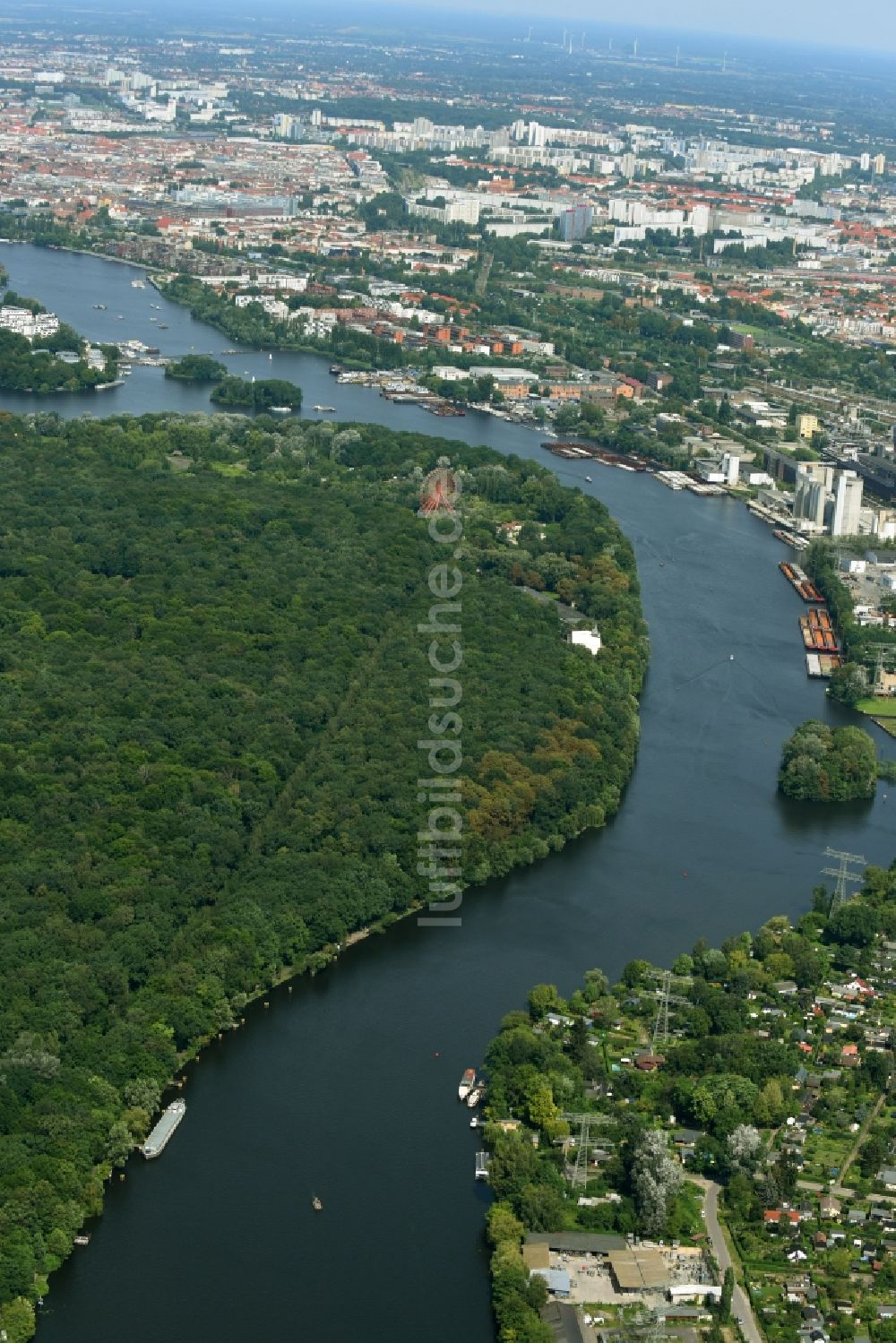 Berlin von oben - Waldgebiete Plänterwald am Ufer der Spree im Ortsteil Treptow in Berlin, Deutschland