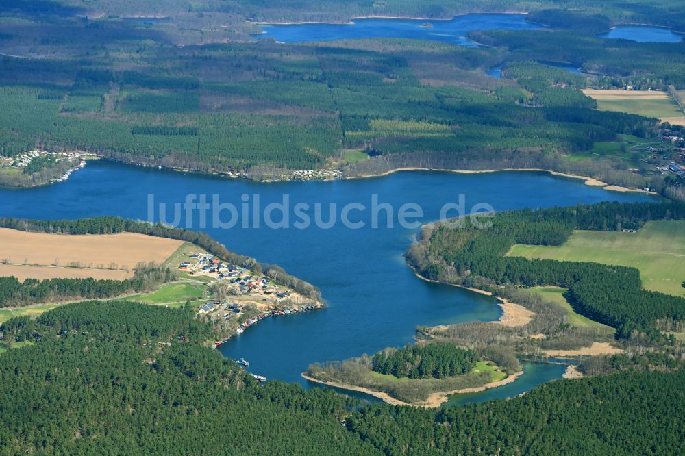 Luftaufnahme Flecken Zechlin - Waldgebiete am Ufer des See Großer Zechliner See in Flecken Zechlin im Bundesland Brandenburg, Deutschland