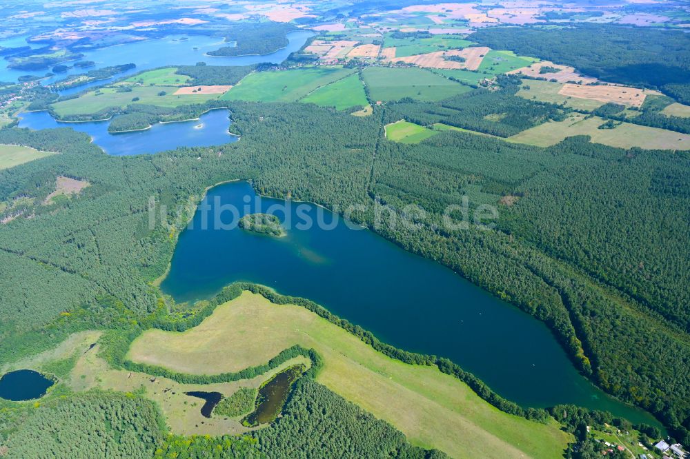 Krüselin aus der Vogelperspektive: Waldgebiete am Ufer des See Krüselinsee in Krüselin im Bundesland Mecklenburg-Vorpommern, Deutschland