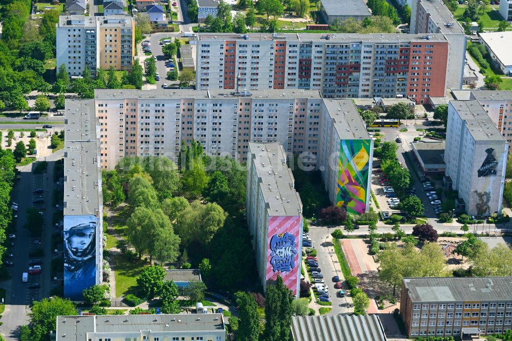 Luftaufnahme Berlin - Wandmalerei an Plattenbau- Hochhäusern im Ortsteil Hellersdorf in Berlin, Deutschland