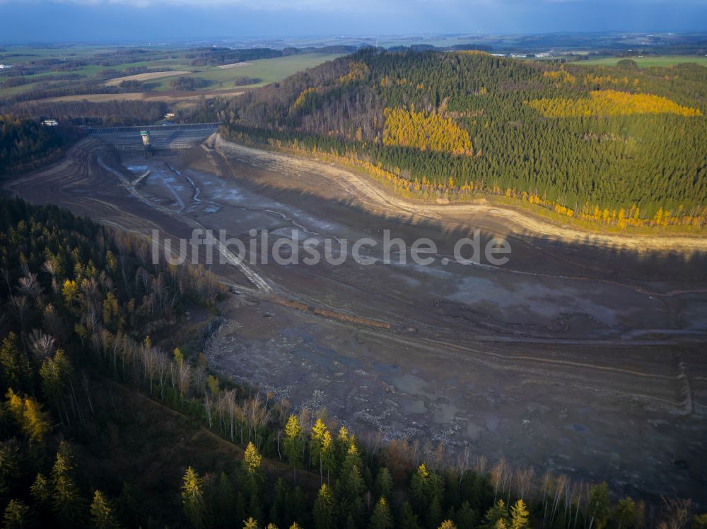 Lichtenberg/Erzgebirge von oben - Wassermangel an den Uferbereichen Talsperre Lichtenberg in Lichtenberg/Erzgebirge im Bundesland Sachsen, Deutschland