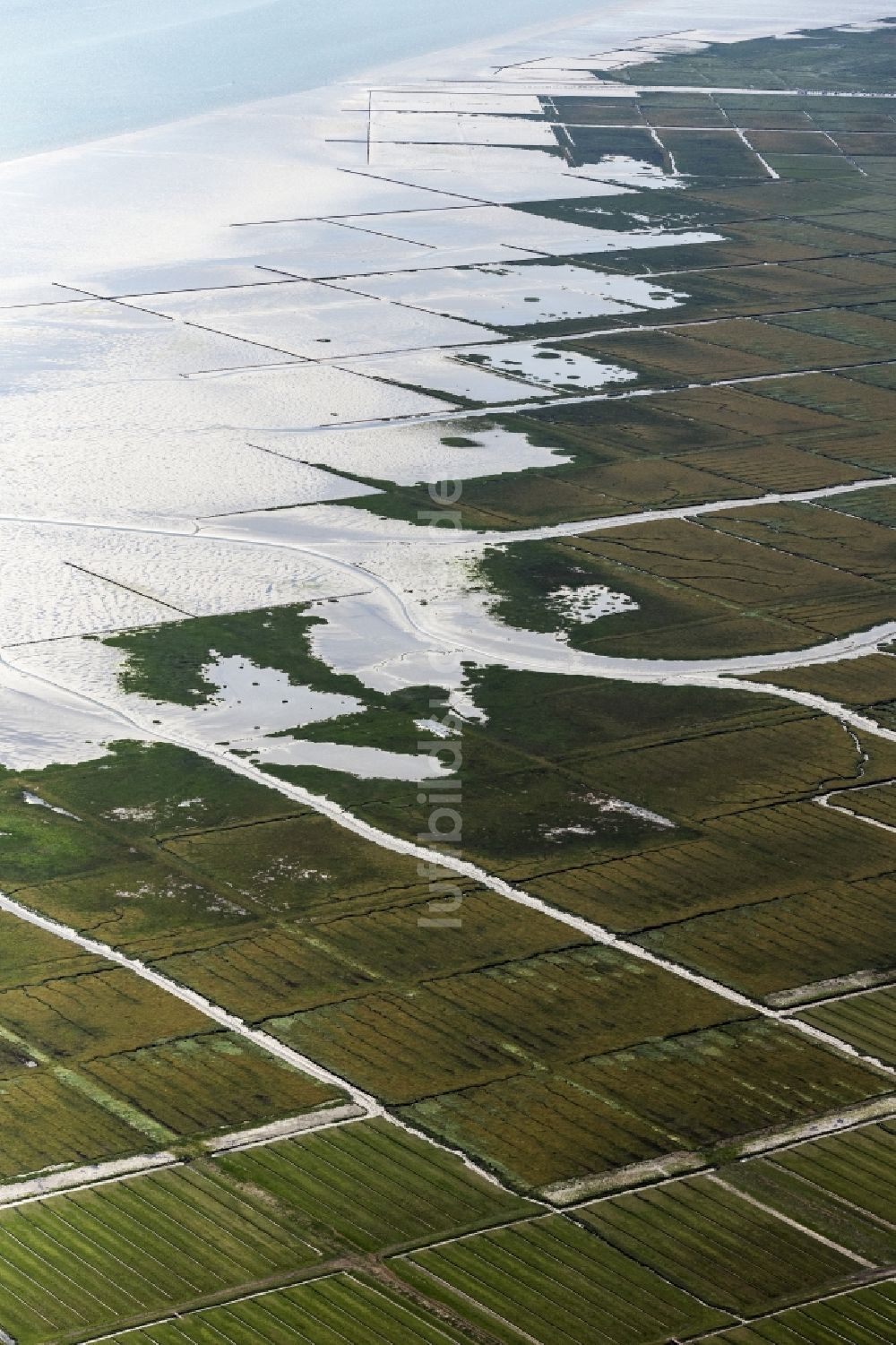 Nordstrand von oben - Wasseroberfläche an der Meeres- Küste in Nordstrand im Bundesland Schleswig-Holstein, Deutschland