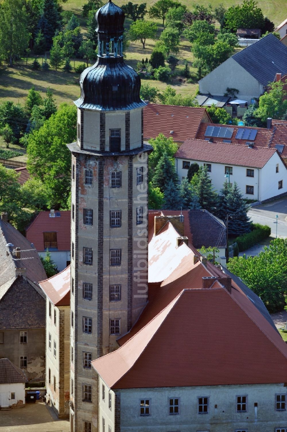 Bad Schmiedeberg OT Reinharz aus der Vogelperspektive: Wasserschloss Reinharz im Bundesland Sachsen-Anhalt