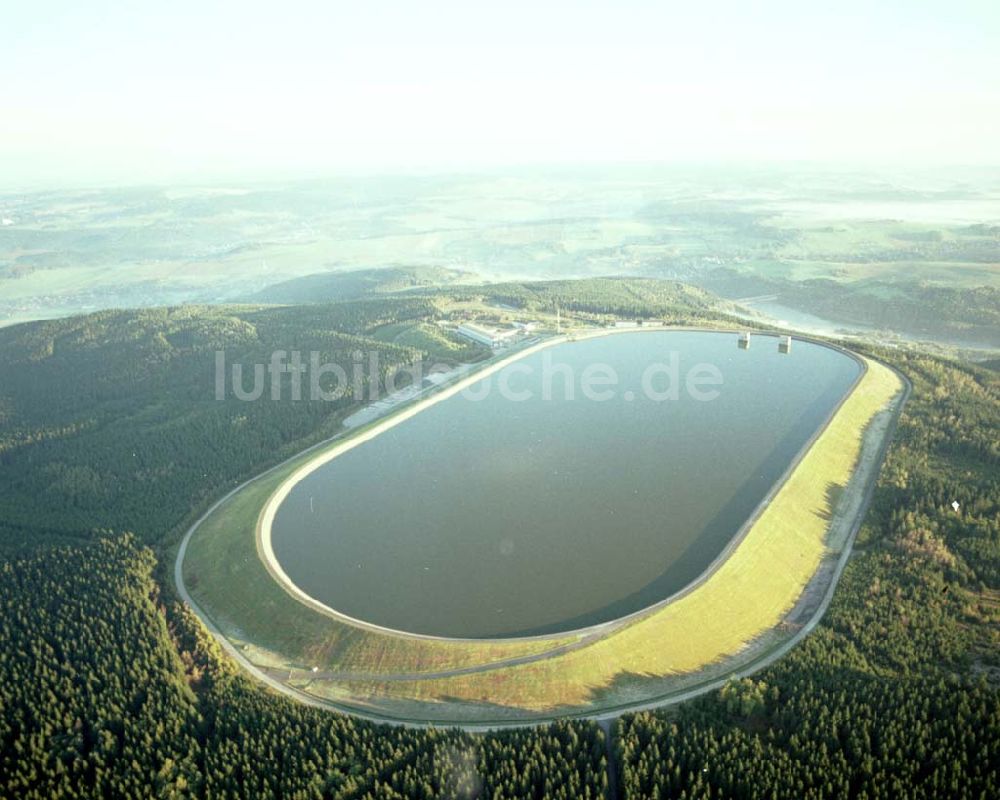 Schlettau von oben - 01.10.2002 Wasserspeicher auf dem Scheibenberg bei Schlettau im Erzgeb.