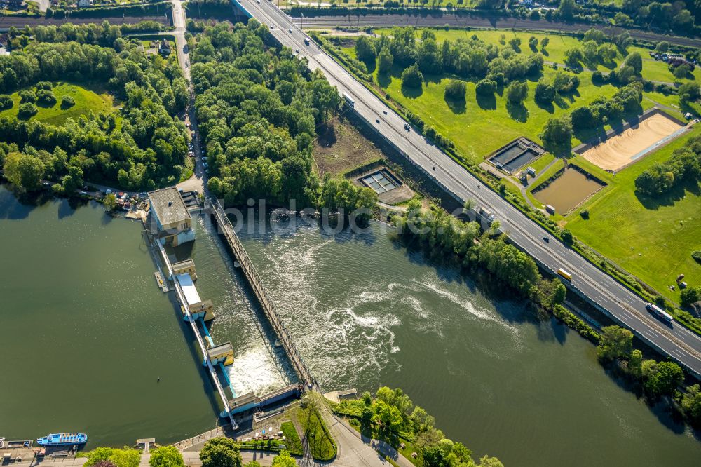 Luftaufnahme Hagen - Wasserwerk und Wasserkraftwerk Laufwasserkraftwerk Hengstey entlang der Ruhr im Ortsteil Hengstey in Hagen im Bundesland Nordrhein-Westfalen, Deutschland