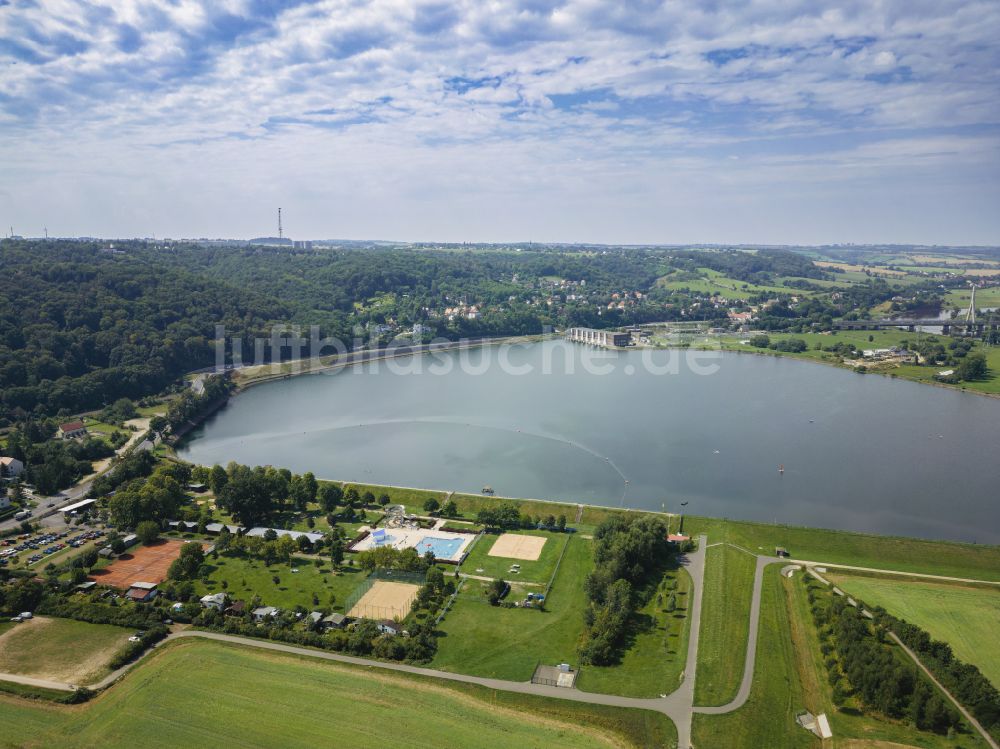 Dresden aus der Vogelperspektive: Wasserwerk und Wasserkraftwerk und Pumpspeicherwerk - Stausee im Ortsteil Niederwartha in Dresden im Bundesland Sachsen, Deutschland