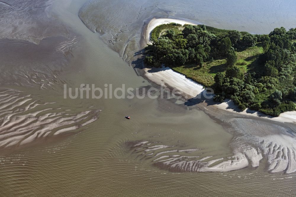 Hahnöfersand von oben - Wattenlandschaft am Flußverlauf der Elbe in Hahnöfersand im Bundesland Niedersachsen, Deutschland