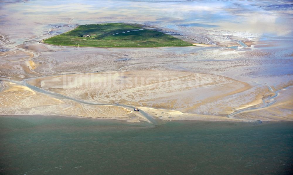 Luftaufnahme Hooge - Wattenmeer der Nordsee- Küste Hallig Norderoog in Hooge im Bundesland Schleswig-Holstein