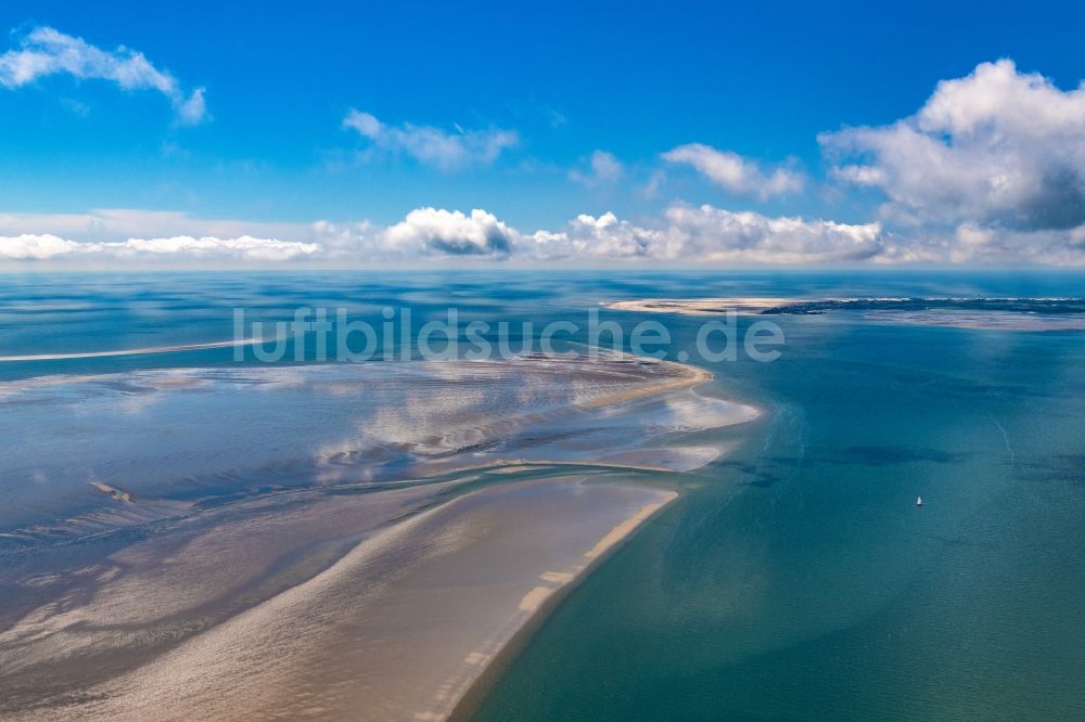 Nebel von oben - Wattenmeer der Nordsee- Küste vor der Insel Amrum im Bundesland Schleswig-Holstein, Deutschland