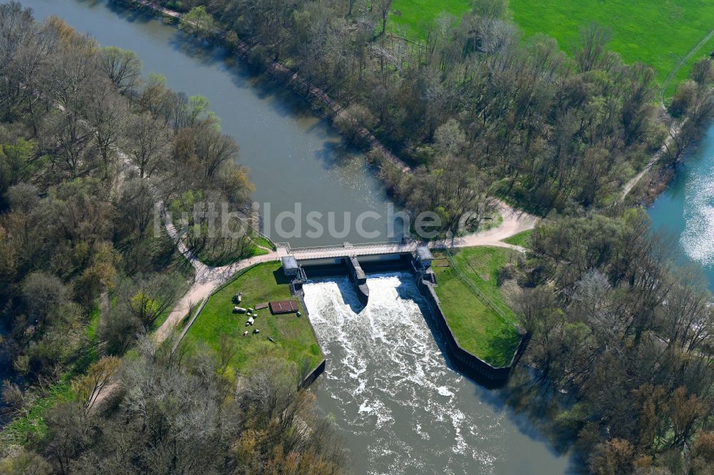 Halle (Saale) von oben - Wehr am Ufer des Flußverlauf der Elisabeth-Saale in Halle (Saale) im Bundesland Sachsen-Anhalt, Deutschland