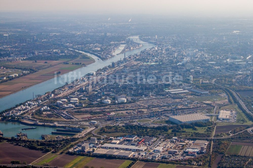 Luftaufnahme Ludwigshafen am Rhein - Werksgelände des Chemieproduzenten BASF (Tor 15 im Norden am Güterbahnhof) in Ludwigshafen am Rhein im Bundesland Rheinland-Pfalz, Deutschland