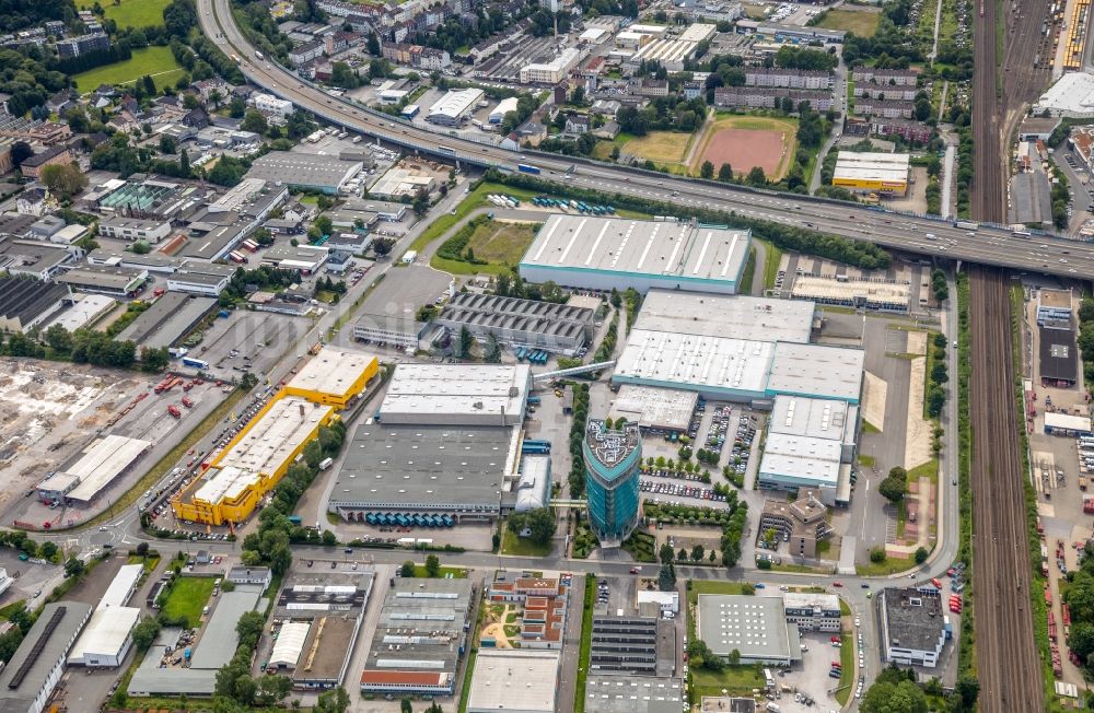 Luftaufnahme Schwelm - Werksgelände der E/D/E Einkaufsbüro Deutscher Eisenhändler GmbH am EDE-Platz in Schwelm im Bundesland Nordrhein-Westfalen - NRW, Deutschland