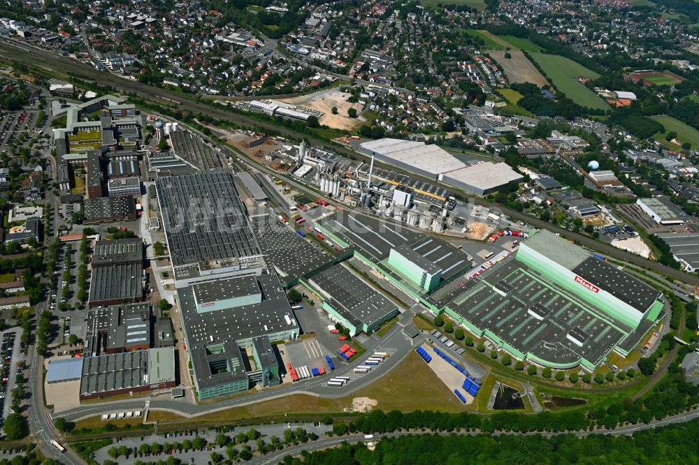 Gütersloh aus der Vogelperspektive: Werksgelände der Miele & Cie. KG an der Carl-Miele-Straße im Ortsteil Spexard in Gütersloh im Bundesland Nordrhein-Westfalen, Deutschland