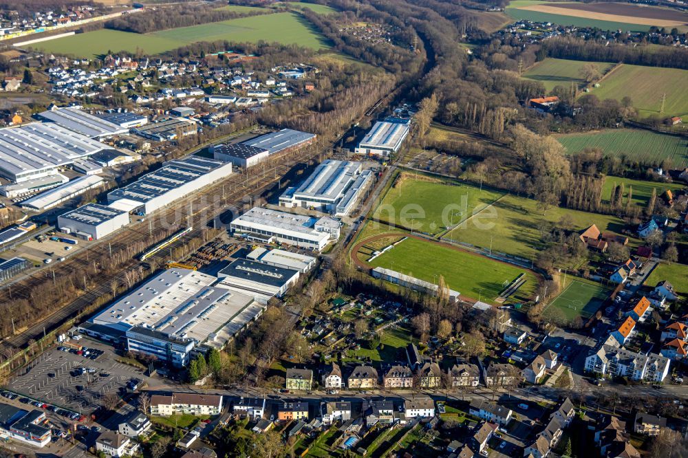 Luftaufnahme Holzwickede - Werksgelände der Montanhydraulik GmbH an der Bahnhofstraße in Holzwickede im Bundesland Nordrhein-Westfalen, Deutschland