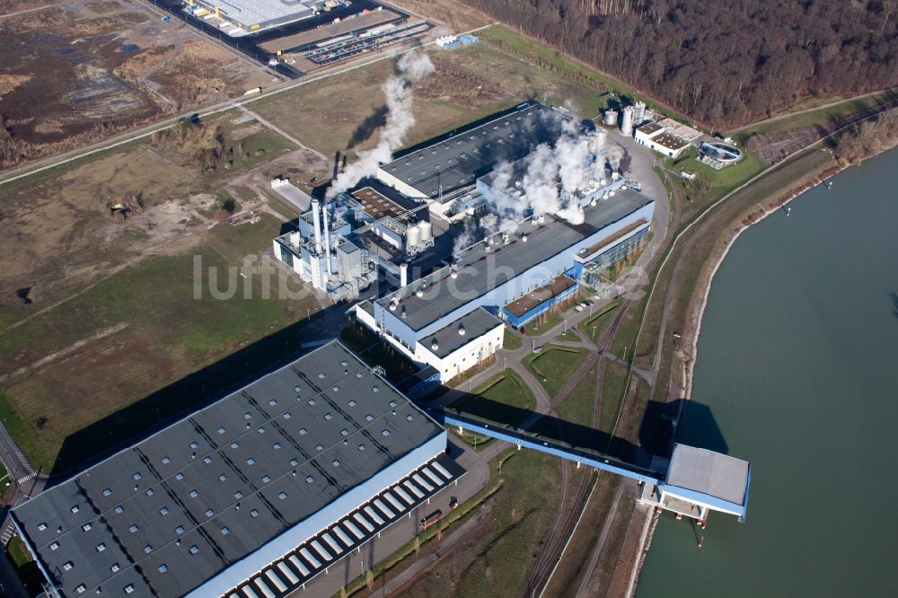 Luftaufnahme Wörth am Rhein - Werksgelände der Papierfabrik Palm GmbH & Co. KG im Ortsteil Industriegebiet Wörth-Oberwald in Wörth am Rhein im Bundesland Rheinland-Pfalz