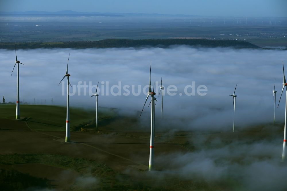 Reinsdorf aus der Vogelperspektive: Wetterbedingt in eine Nebel- Schicht eingebettete Windenergieanlagen in Reinsdorf im Bundesland Thüringen, Deutschland