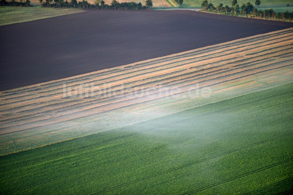 Luftaufnahme Rathmannsdorf - Wetterlage mit schichtartiger Nebel- Bedeckung auf einer Feld- Landschaft in Rathmannsdorf im Bundesland Sachsen-Anhalt, Deutschland