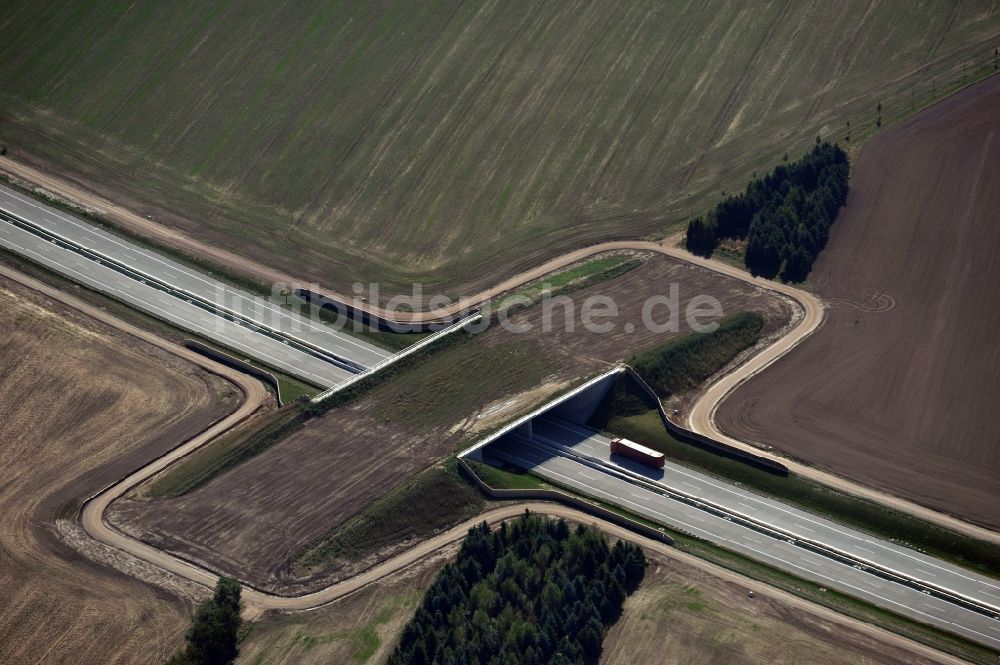 Luftaufnahme Frauendorf - Wildbrücke / Grünbrücke über die Autobahn BAB A72 bei Frauendorf im Bundesland Sachsen