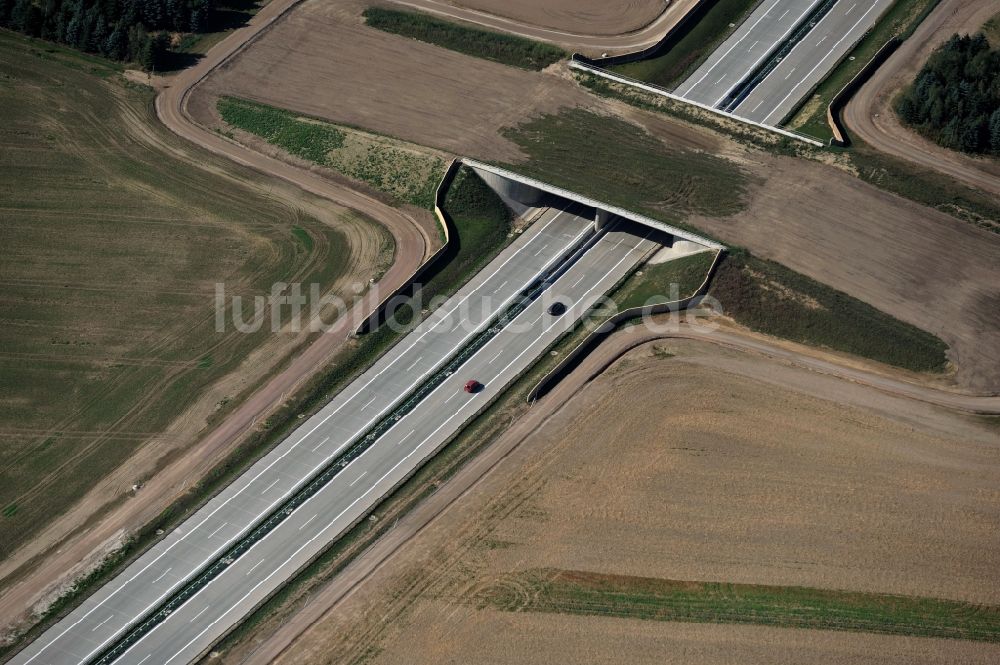 Frauendorf aus der Vogelperspektive: Wildbrücke / Grünbrücke über die Autobahn BAB A72 bei Frauendorf im Bundesland Sachsen