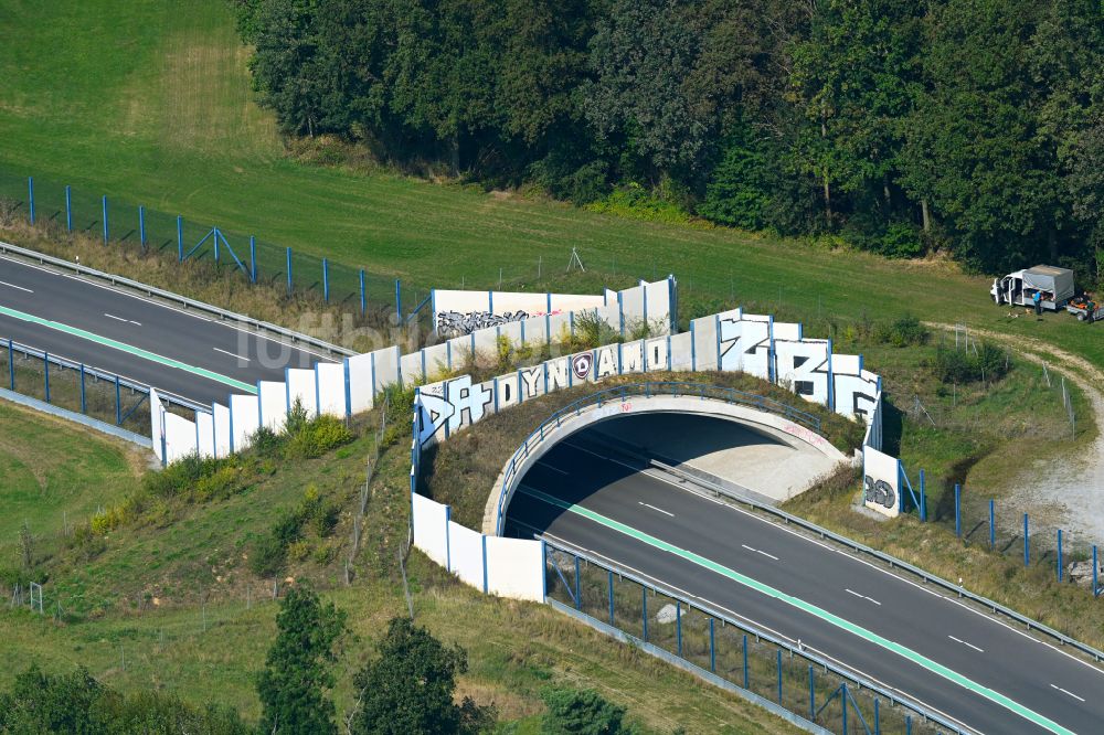 Luftaufnahme Feldschlößchen - Wildbrücke - Wildwechselbrücke über die Straße S177 Kamenzer Straße in Feldschlößchen im Bundesland Sachsen, Deutschland