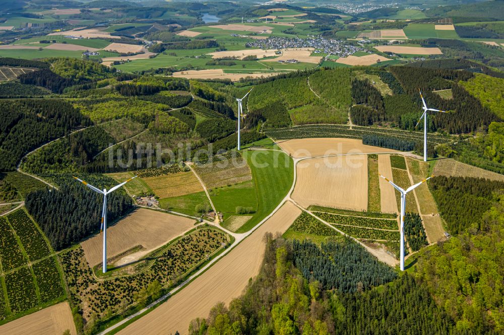 Luftaufnahme Meschede - Windenergieanlage in einem Wald in Meschede im Bundesland Nordrhein-Westfalen, Deutschland