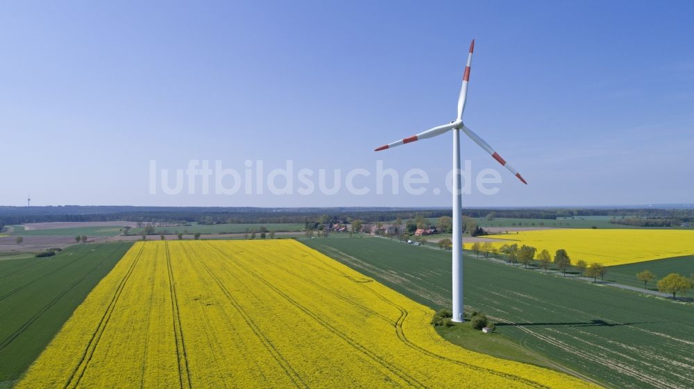 Reinstorf aus der Vogelperspektive: Windenergieanlage (WEA) - Windrad- auf einem Rapsfeld in Sülbeck im Bundesland Niedersachsen