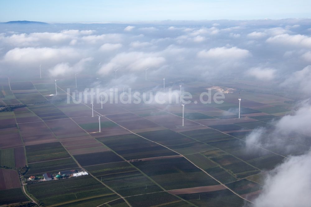 Worms aus der Vogelperspektive: Windenergieanlagen unter Wolken auf Feldern bei Worms im Bundesland Rheinland-Pfalz