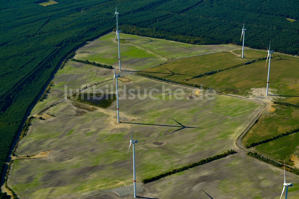 Luftaufnahme Schipkau - Windenergieanlagen (WEA) auf einem Feld bei Schipkau im Bundesland Brandenburg, Deutschland