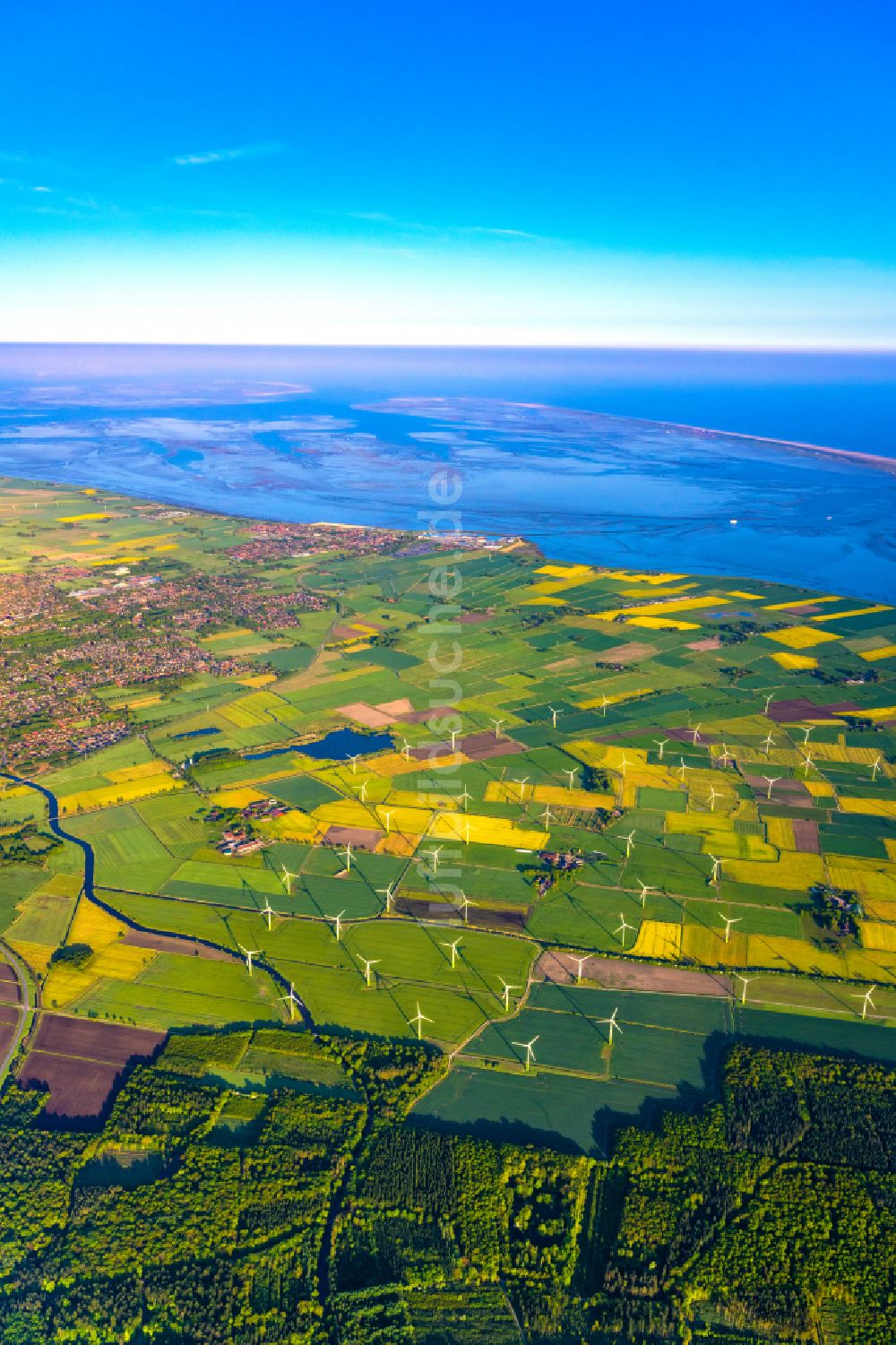 Luftaufnahme Hagermarsch - Windenergieanlagen (WEA) auf einem Feld in Hagermarsch im Bundesland Niedersachsen, Deutschland